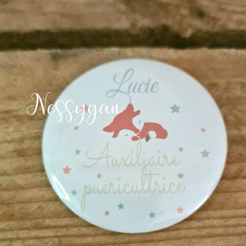 Badge rond personnalisé renard pour infirmière - aide-soignante, sage-femme, auxiliaire puéricultrice