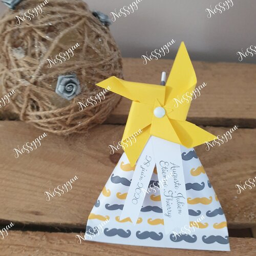 Boîte dragées berlingot moustache  jaune et gris pour baptême,communion