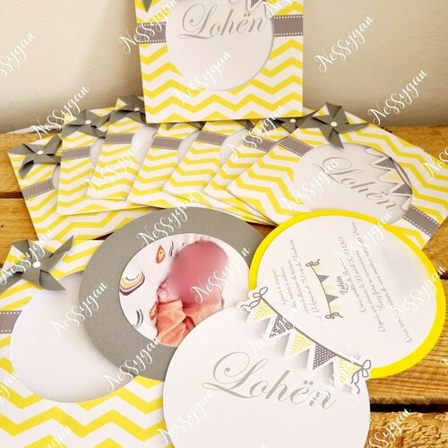 Faire part chevrons jaune et gris - faire- part personnalisé avec prénom- invitation baptême