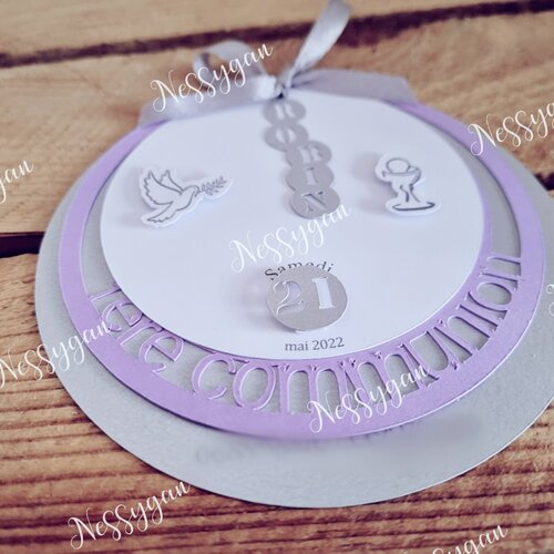 Faire-part violet et gris argenté pour une communion  - faire-part première communion