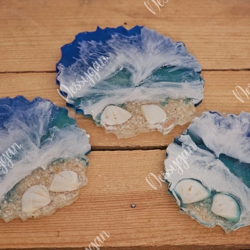 Dessous de verre en résine thème mer avec coquillages – lot de 4 – artisanat fait-main