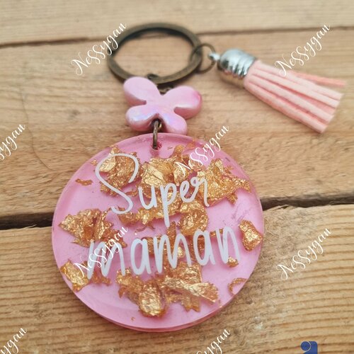 Porte-clés ou bijou de sac en résine or et rose.. cadeau fête des mères,  super maman, anniversaire