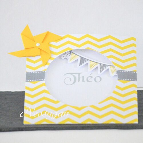 Faire part fanions chevrons jaune, or et gris - faire- part personnalisé avec prénom- invitation baptême