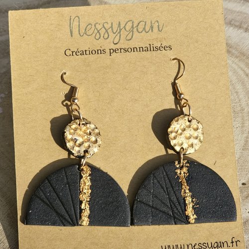 Boucles d'oreilles pendantes noire et or pour femme - bijou cadeau st valentin, anniversaire , mariage