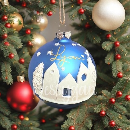 Boule de noël bleue village 8 cm personnalisée en verre avec prénom - décoration de sapin