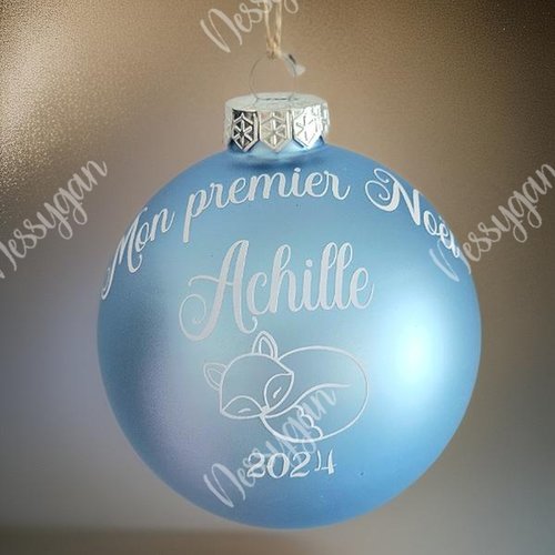 Boule de noël bleue renard 10 cm personnalisée en verre avec prénom - décoration de sapin mon premier noël