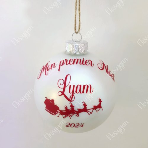 Boule de noël en verre 10 cm personnalisée avec prénom traineau du père noël - décoration de sapin