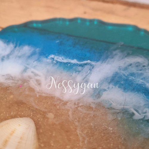 Dessous de verre l'océan en résine plage sable et coquillage