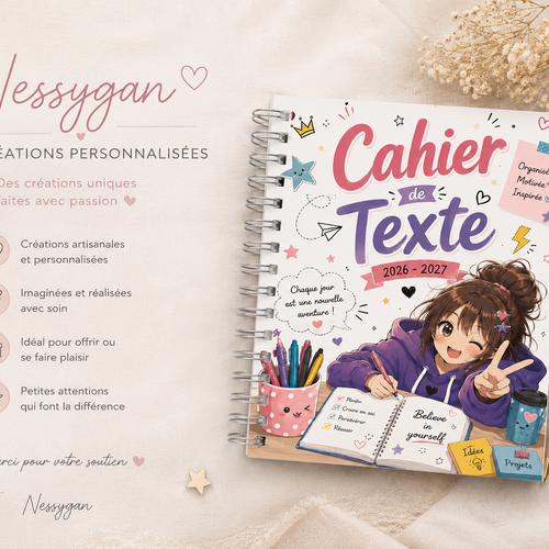 Cahier de texte 2026-2027 fille kawaii