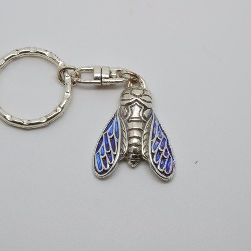 Porte-clé/pendentif cigale ailes ouvertes rené gouin / argenté émaillé bleu