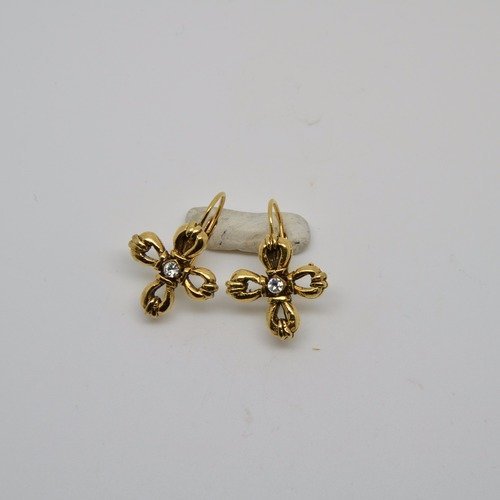 Boucles d'oreilles dormeuses rené gouin trèfle 4 feuilles ou croix / doré, cristal