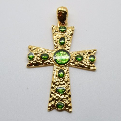 Pendentif grande croix martelée rené gouin doré et bordeaux