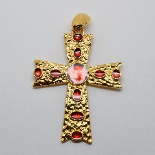 Pendentif grande croix martelée rené gouin doré et rouge