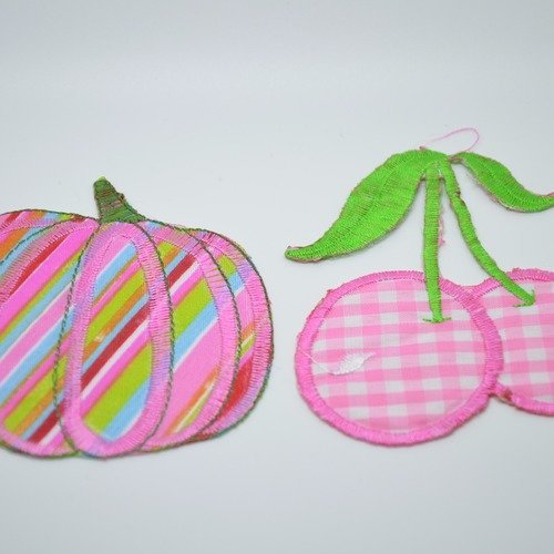 Embellissements appliques en tissu thermocollantes "citrouille + cerises" rose 