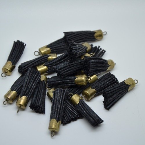 22 pompons en coton ciré noir et métal bronze 