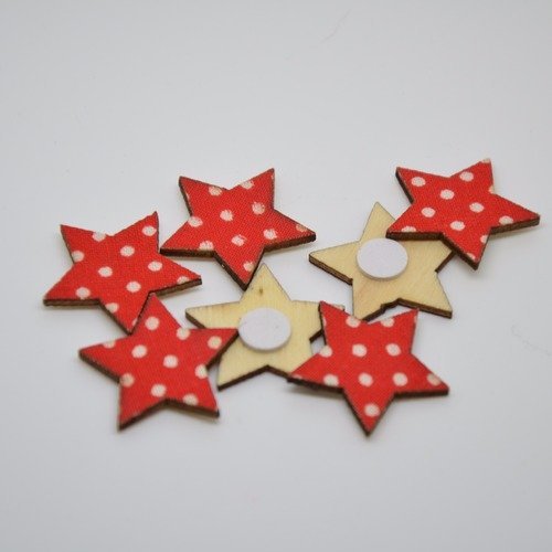 9 embellissements petites étoiles en bois à coller rouges à pois blancs à coller 