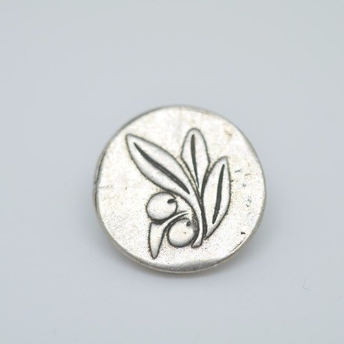 5 boutons médaille 15mm en métal argenté gravé décor brin d'olivier rené gouin 