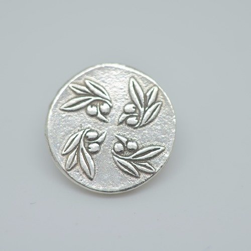 5 boutons médaille 15mm en métal argenté gravé décor 4 brins d'olivier rené gouin 