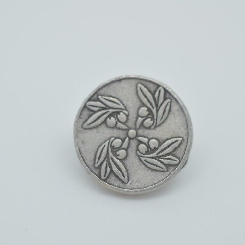5 boutons médaille 11mm en métal argenté vieilli gravé décor 4 brins d'olivier rené gouin 