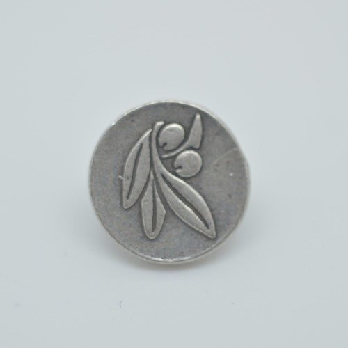 5 boutons médaille 11mm en métal argenté vieilli gravé décor brin d'olivier rené gouin 