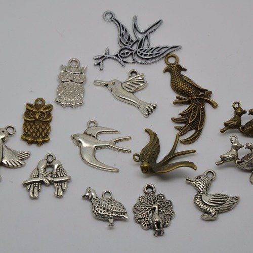 14 breloques en métal argenté et bronze thème oiseaux 