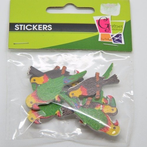 8 stickers toucans et perroquets en bois 2d - noir, vert