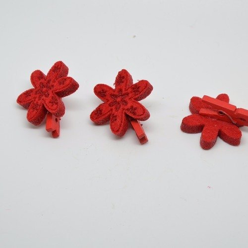 3 mini pinces à linge avec fleur en feutrine rouge