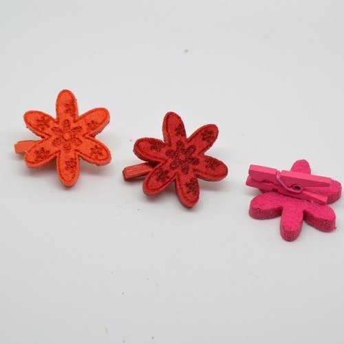 3 mini pinces à linge avec fleur en feutrine rose fuchsia, orange, rouge