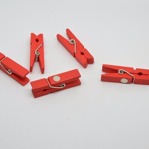 5 petites pinces à linge en bois aimantées - magnets pinces à linge - rouge