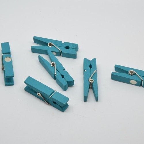 6 petites pinces à linge en bois aimantées - magnets pinces à linge - turquoise