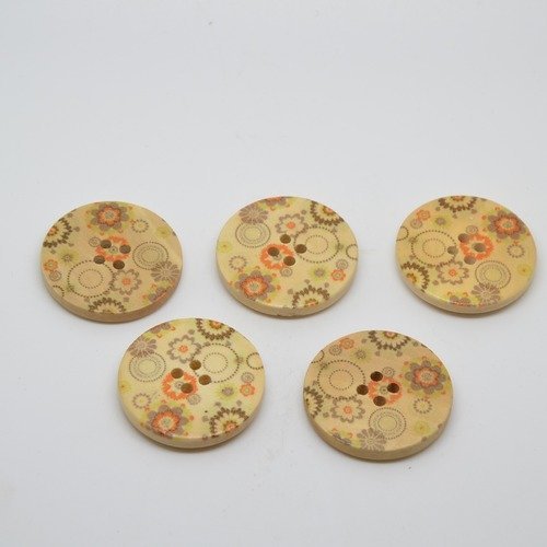 5 boutons en bois imprimés fleurs et cercles - 30mm- orange, vert