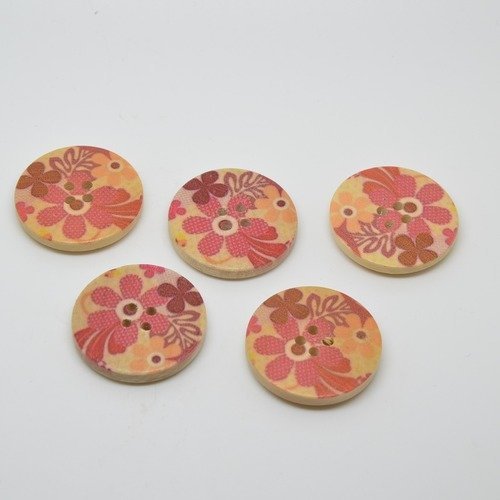 5 boutons en bois imprimés fleurs - 30mm - rouge, bordeaux