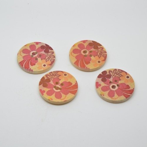 4 boutons en bois imprimés fleurs - 30mm - rouge, bordeaux