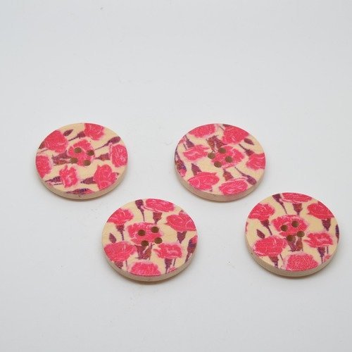 4 boutons en bois imprimés oeillets - 30mm - rouge, bordeaux