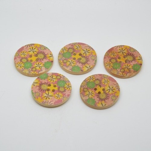 5 boutons en bois imprimés fleurs - 30mm - rose, vert