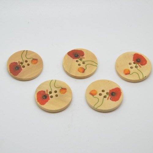 5 boutons en bois imprimé motifs coquelicots - 30mm- rouge, orange