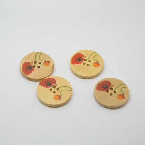4 boutons en bois imprimé motifs coquelicots - 30mm- rouge, orange