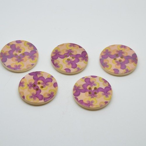 5 boutons en bois imprimé motifs violettes - 30mm - violet, jaune