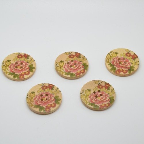 5 boutons en bois imprimé motifs pivoines - 30mm - rose, vert