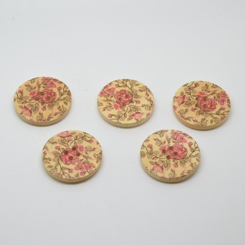 5 boutons en bois imprimé motifs roses - 30mm - rose, vert