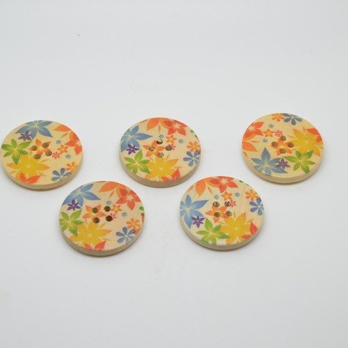 5 boutons en bois imprimé motifs fleurs - 30mm - multicolore