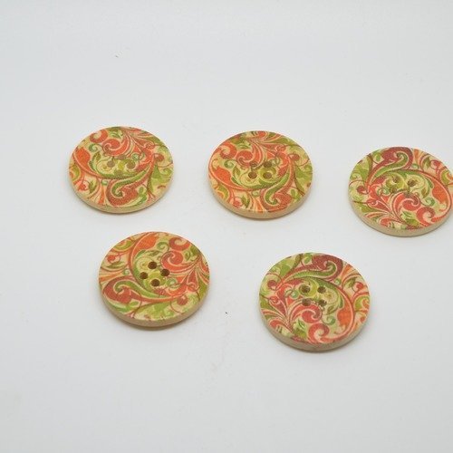 5 boutons en bois imprimé motifs arabesques - 30mm - orange, vert