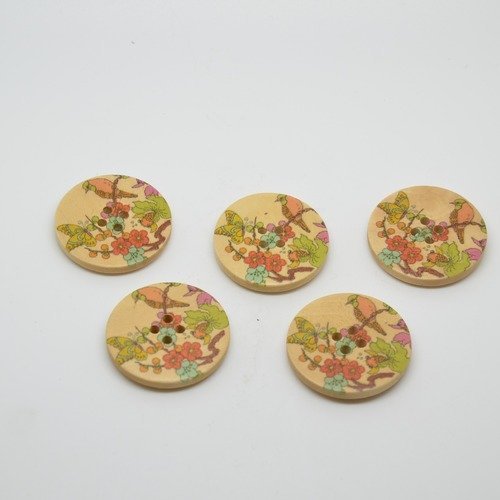 5 boutons en bois imprimé motifs fleurs et oiseau - 30mm - multicolore
