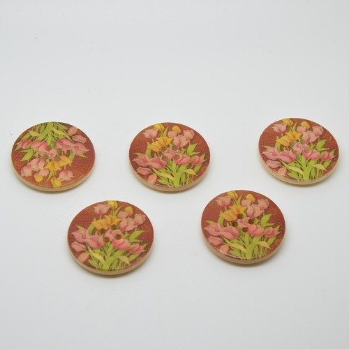 5 boutons en bois imprimé motifs fleurs/tulipes - 30mm - bordeaux, rose