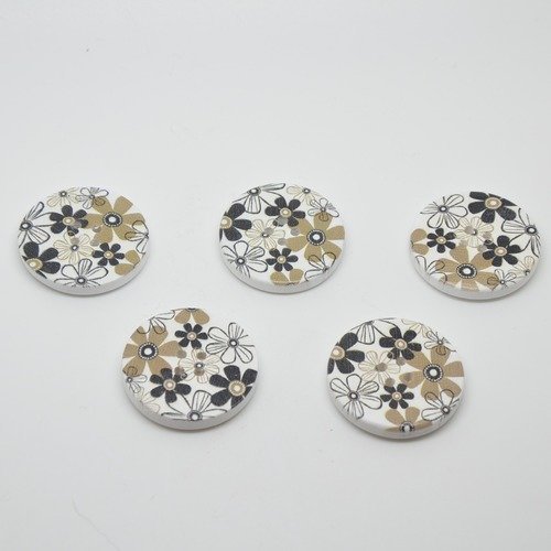 5 boutons en bois imprimé motifs fleurs - 30mm - noir, taupe