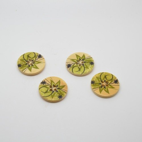 4 boutons en bois imprimé motifs fleur - 25mm - vert, noir