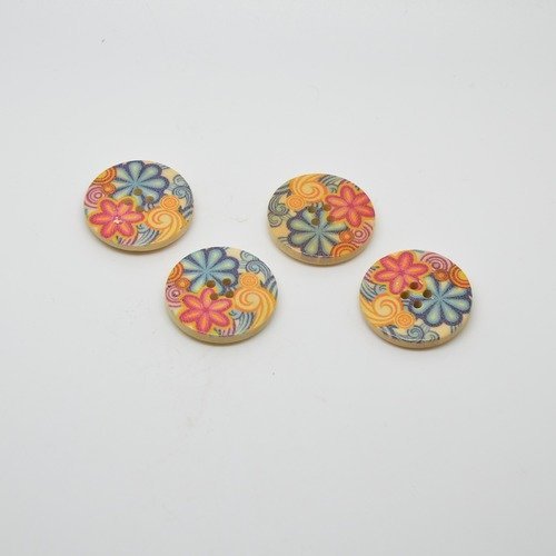 4 boutons en bois imprimé motifs fleurs - 25mm - rouge, bleu