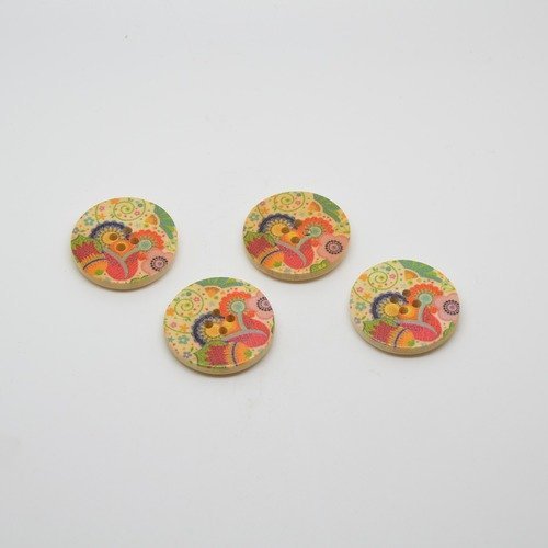 4 boutons en bois imprimé motifs fleurs - 25mm - multicolore