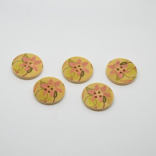 5 boutons en bois imprimé motifs fleur - 25mm - rose, marron