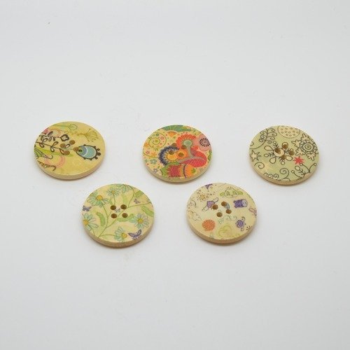 4 boutons en bois imprimé motifs dépareillés fleurs - 25mm - mumticolore